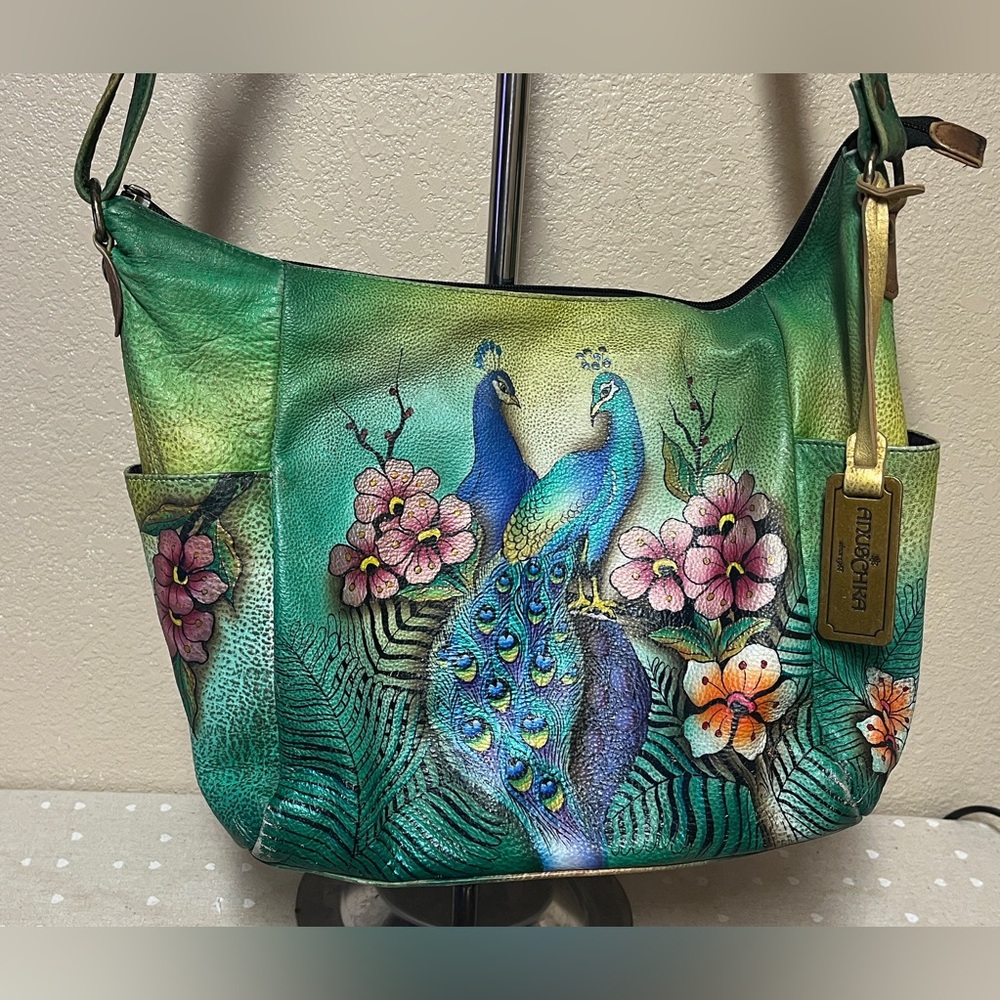 Anuschka Vibrant Green and Leather Blue Peacock Shoulder Bag